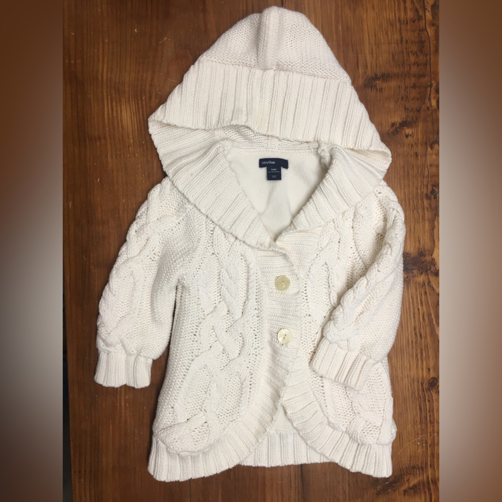 Baby Gap Girls Sweater Front Button Cardigan, Lined, with Hood - 12-18 month